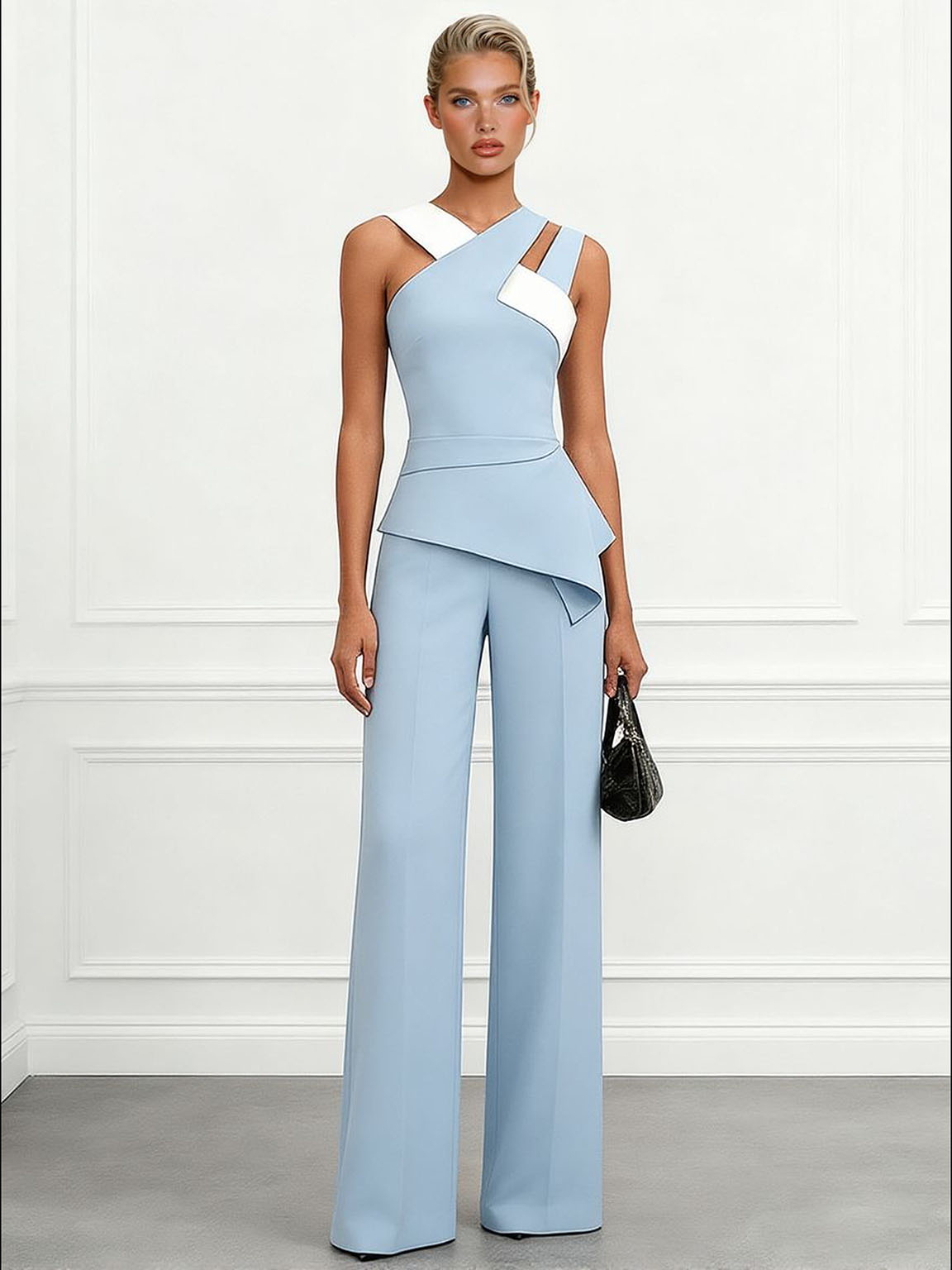 Elegant Colorblock Asymmetric Top & Wide-Leg Pants Two-Piece Set