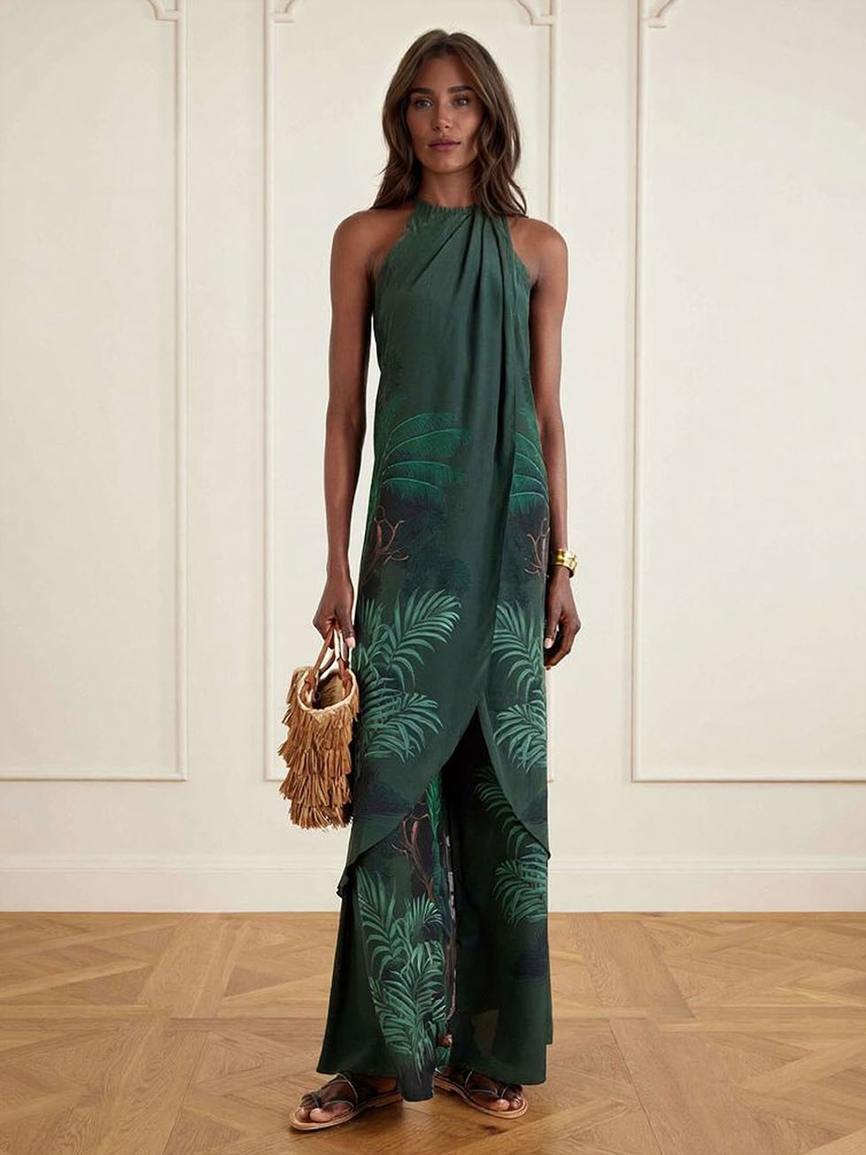 Tropical Palm Print Wide-Leg Pants Set