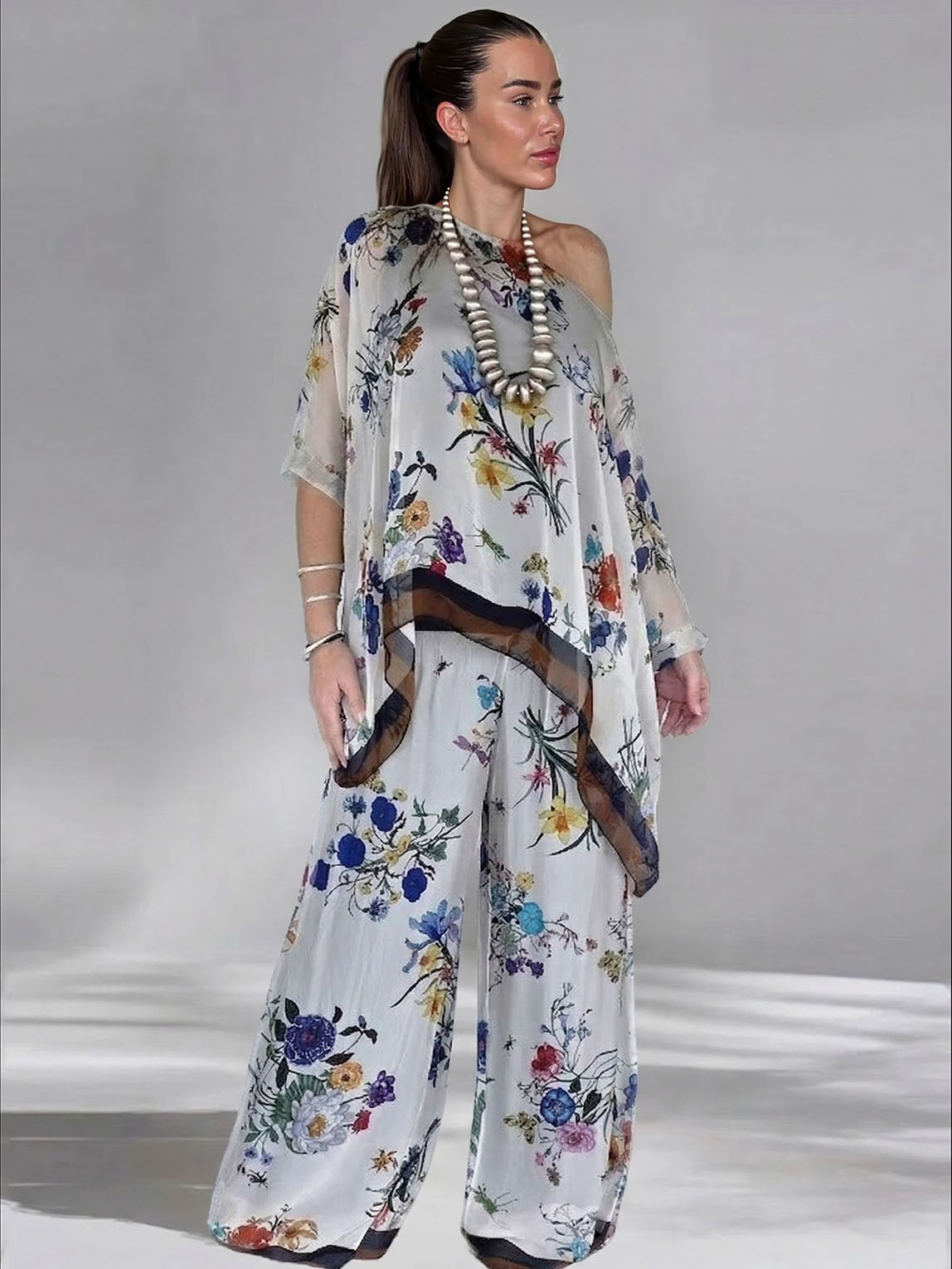 Elegant Sheer Floral Print Asymmetrical One-Shoulder Top & Wide Leg Pants Set