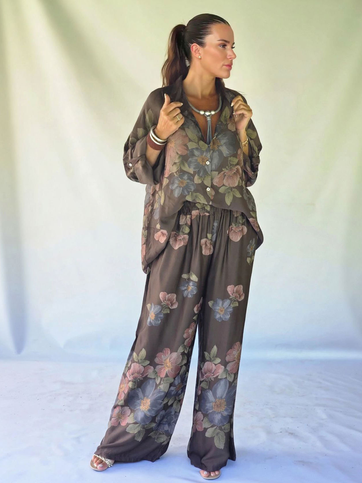 Retro Floral Print Collared Shirt & Elastic Waist Wide-Leg Pants Two-Piece Set