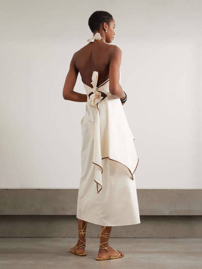 Unique Leather Trimmed Asymmetrical Backless Midi Dress