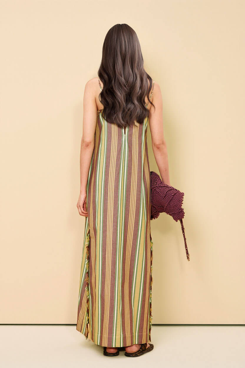 Retro Striped Palm Tree Print Spaghetti Strap Slit Maxi Dress