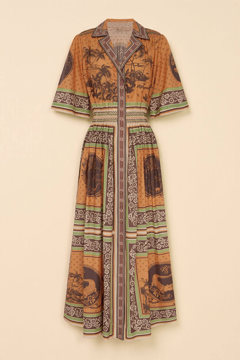 Modern Print Waist-Defined Ruched Button-Front Pocket Maxi Shirtdress