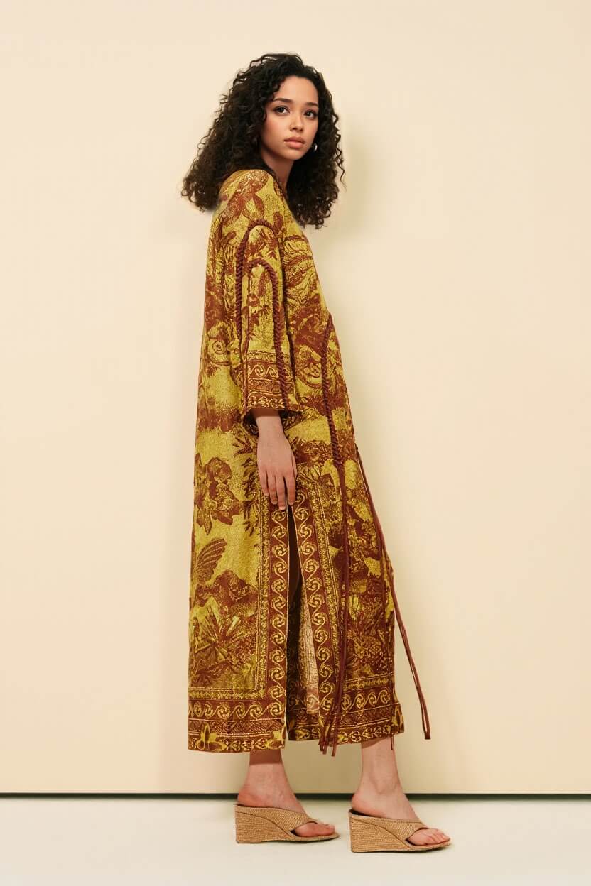 Retro Print Woven Tassel Loose Midi Dress