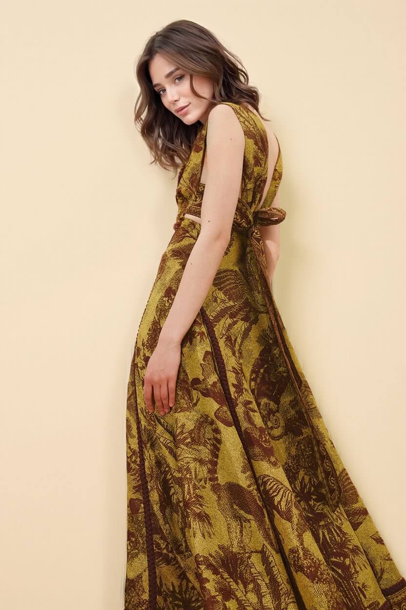 Delicate Printed Cut-Out Patchwork Knit Maxi Dress