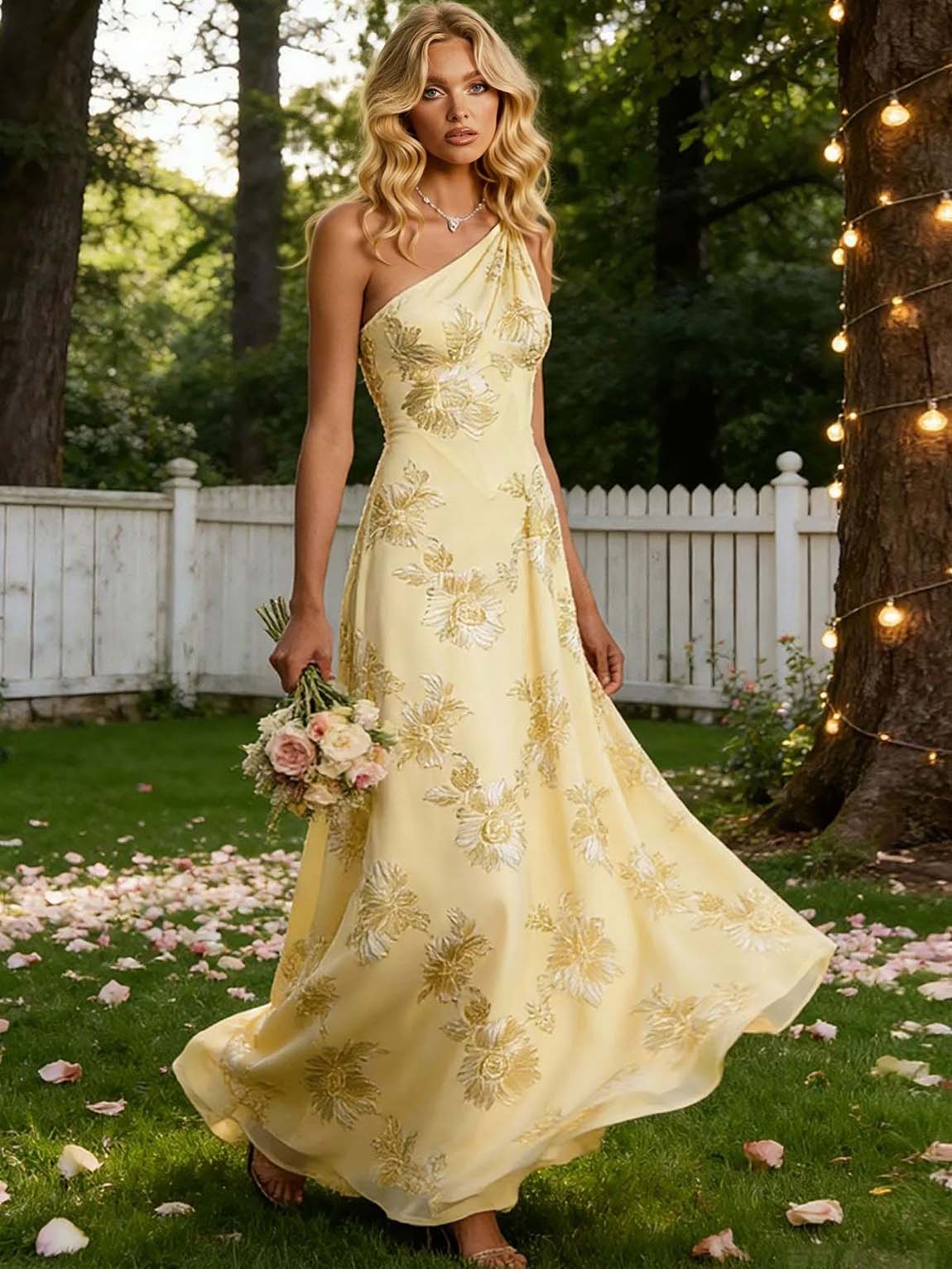 Elegant One-Shoulder Floral Embroidered Maxi Dress