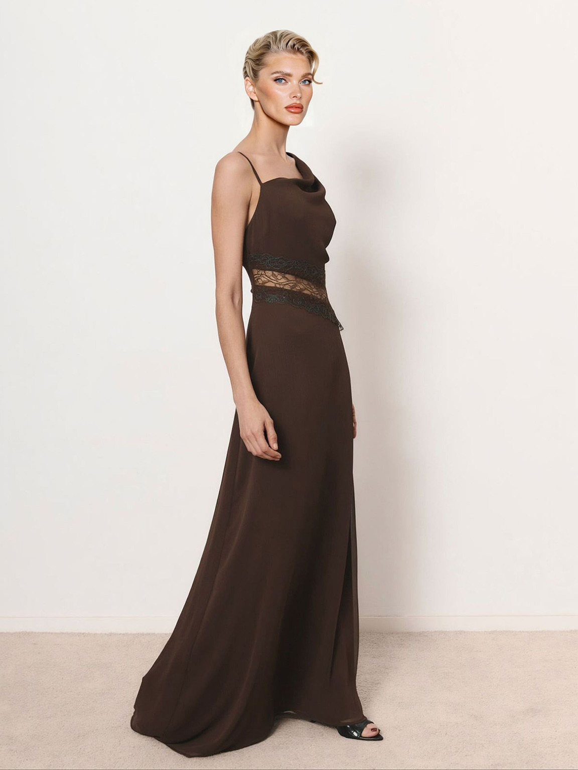 Elegant Lace Panel Draped Neck Sleeveless Maxi Dress