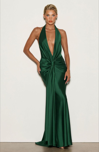 Elegant Backless Twist Front Satin Maxi Dress