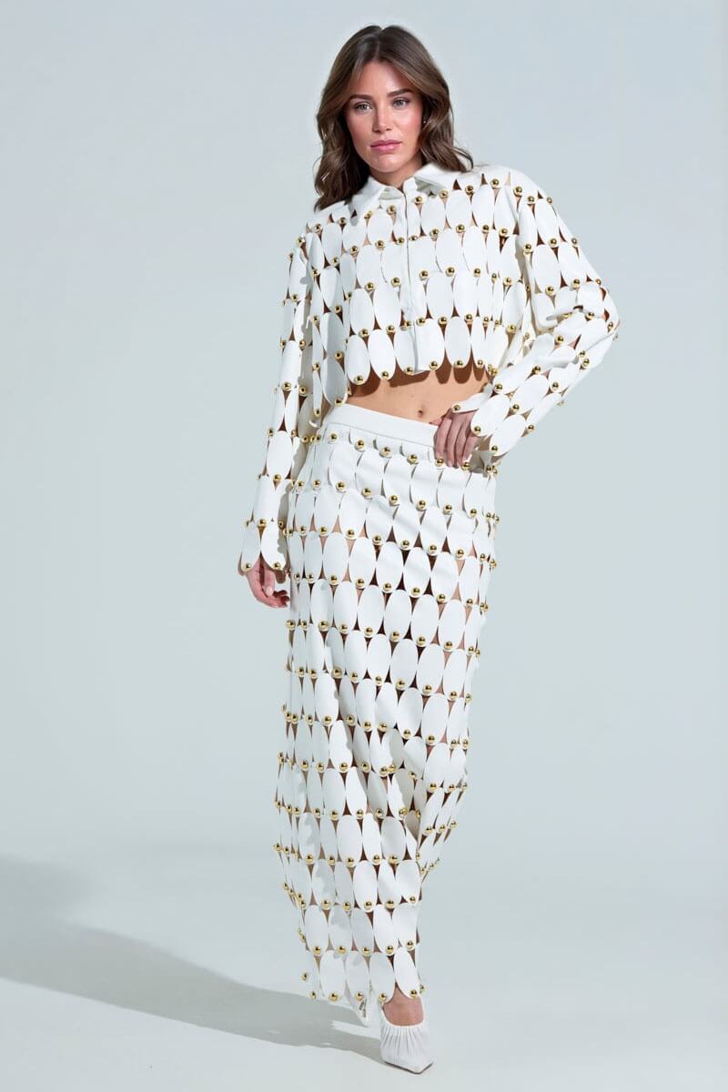 Exquisite Cut-Out Studded PU Maxi Skirt