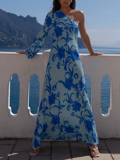 Elegant One-shoulder Floral Eye-catching Slim-fit Maxi Dress