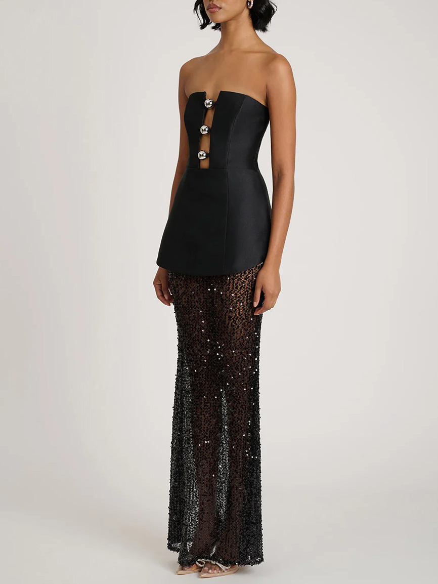Elegant Bandeau Neck Sequined Maxi Dress