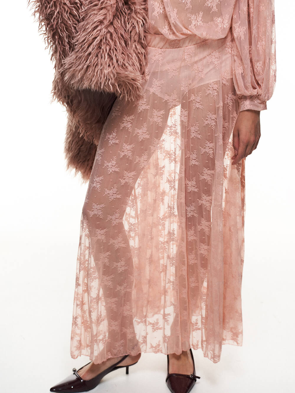 Elegant Mesh Pleated Lace Maxi Skirt