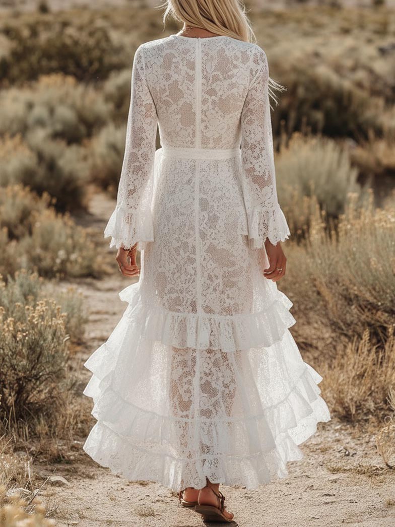 Elegant Long Sleeve Ruffle Lace Maxi Dress