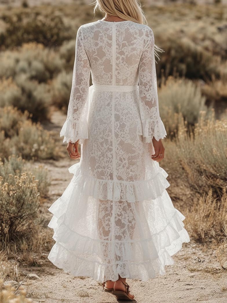 Elegant Long Sleeve Ruffle Lace Maxi Dress