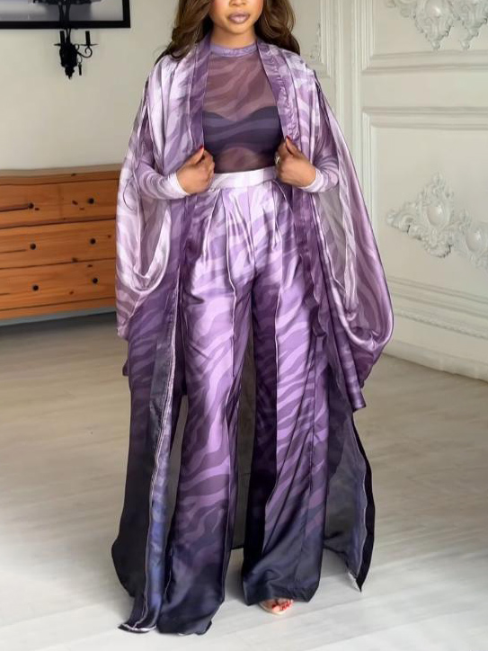 Gradient Zebra Print Satin Mesh T-shirt Three-piece Set