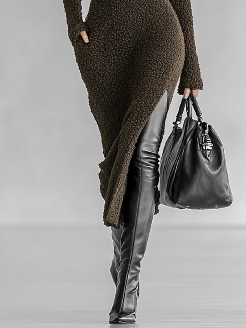 Elegant Turtleneck Textured Bodycon Maxi Dress