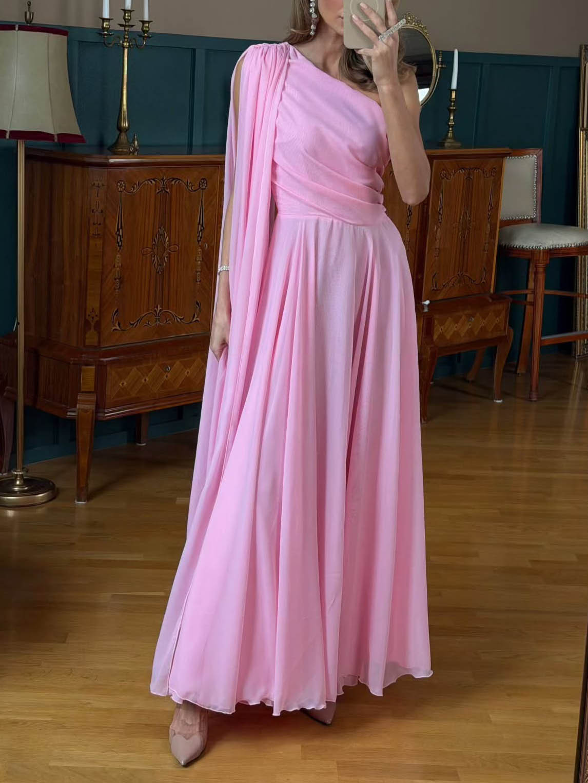 Elegant One-Shoulder Draped Chiffon Maxi Dress