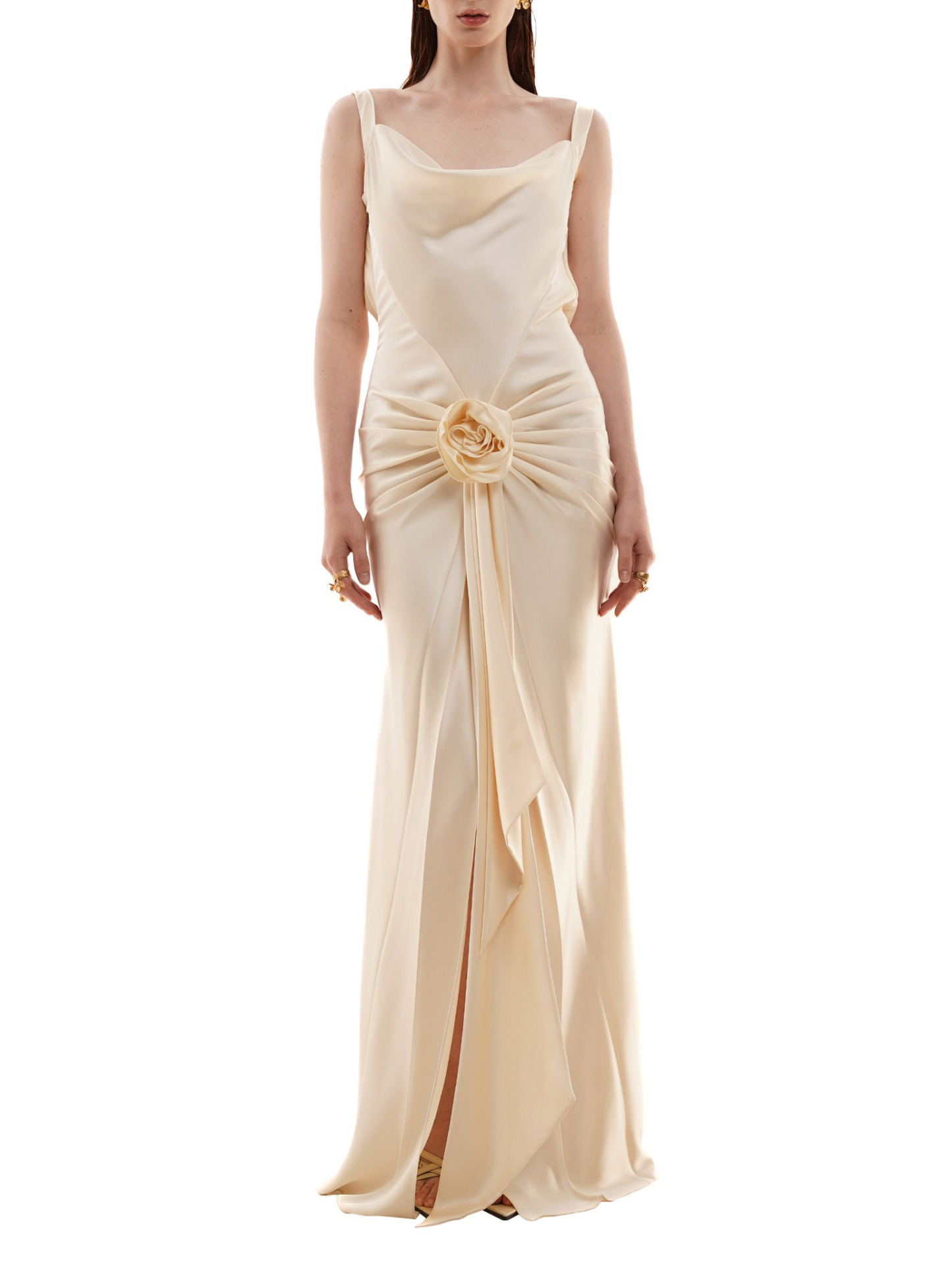 Elegant Floral Embellished Satin Draped Maxi Dress