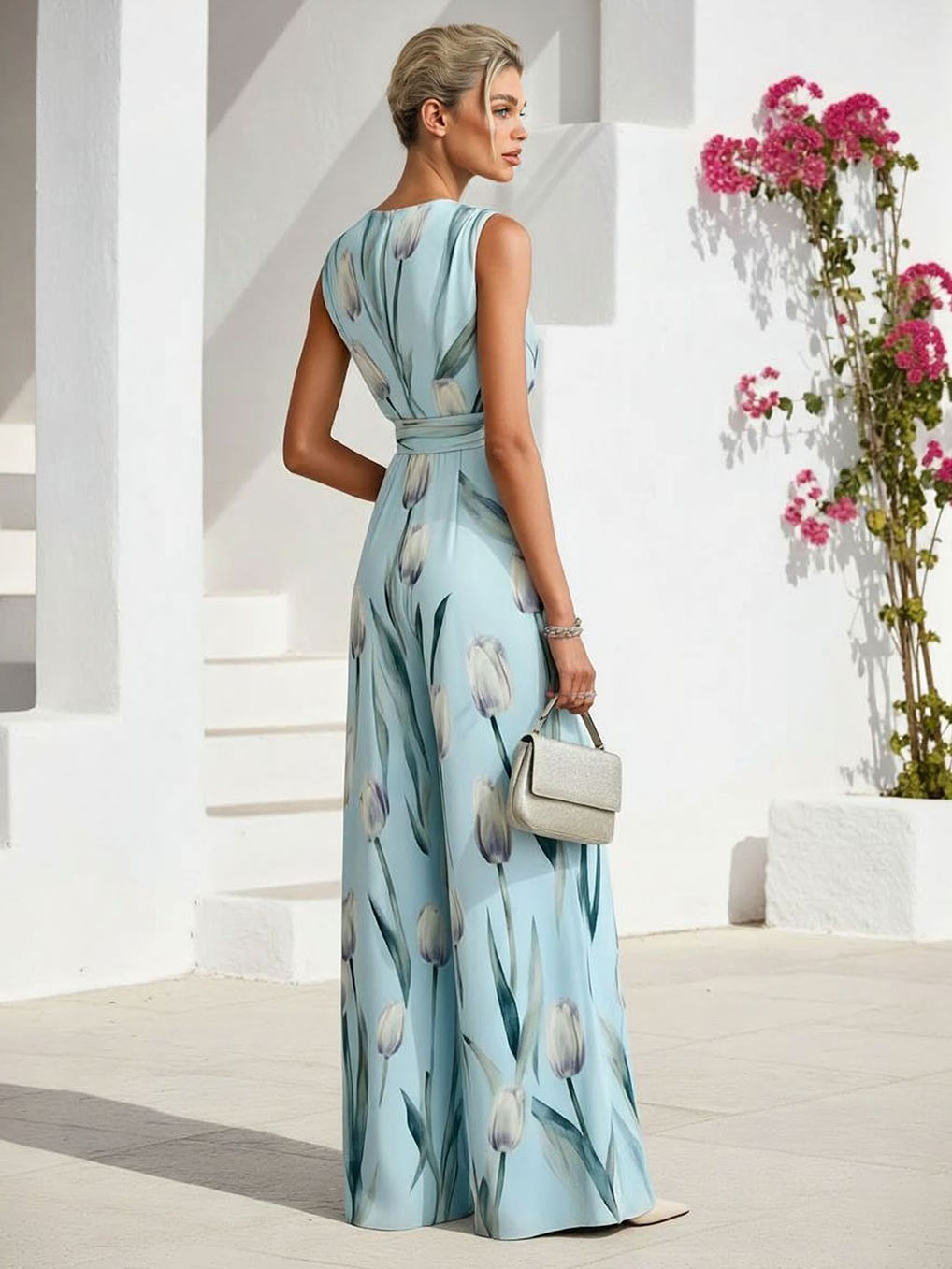 Elegant Floral Print V-Neck Wide-Leg Jumpsuit