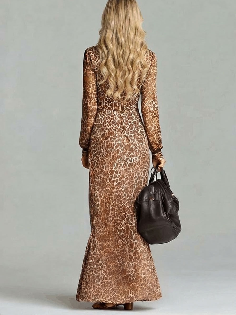 Elegant Chiffon Leopard Print Maxi Dress