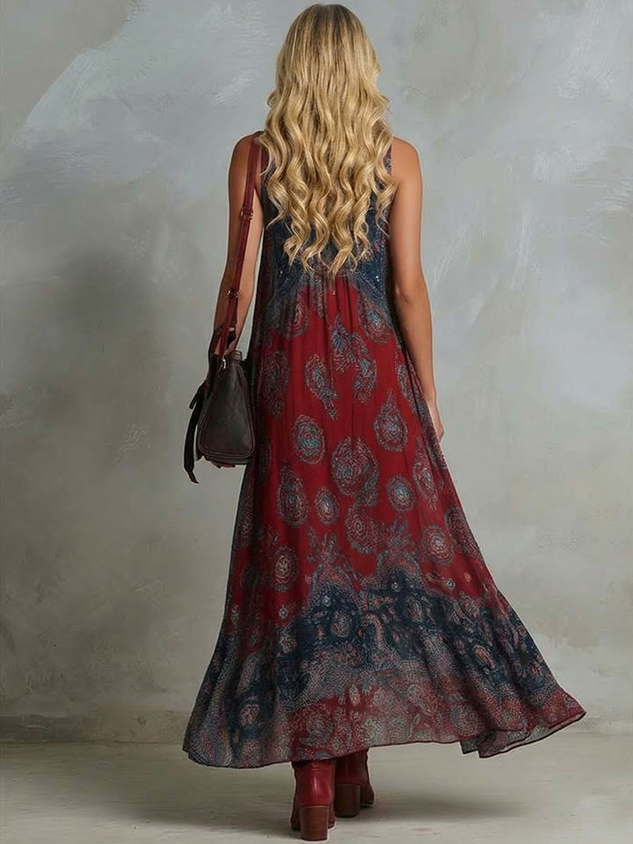 Bohemian Deep V-Neck Paisley Print Flowing Maxi Dress
