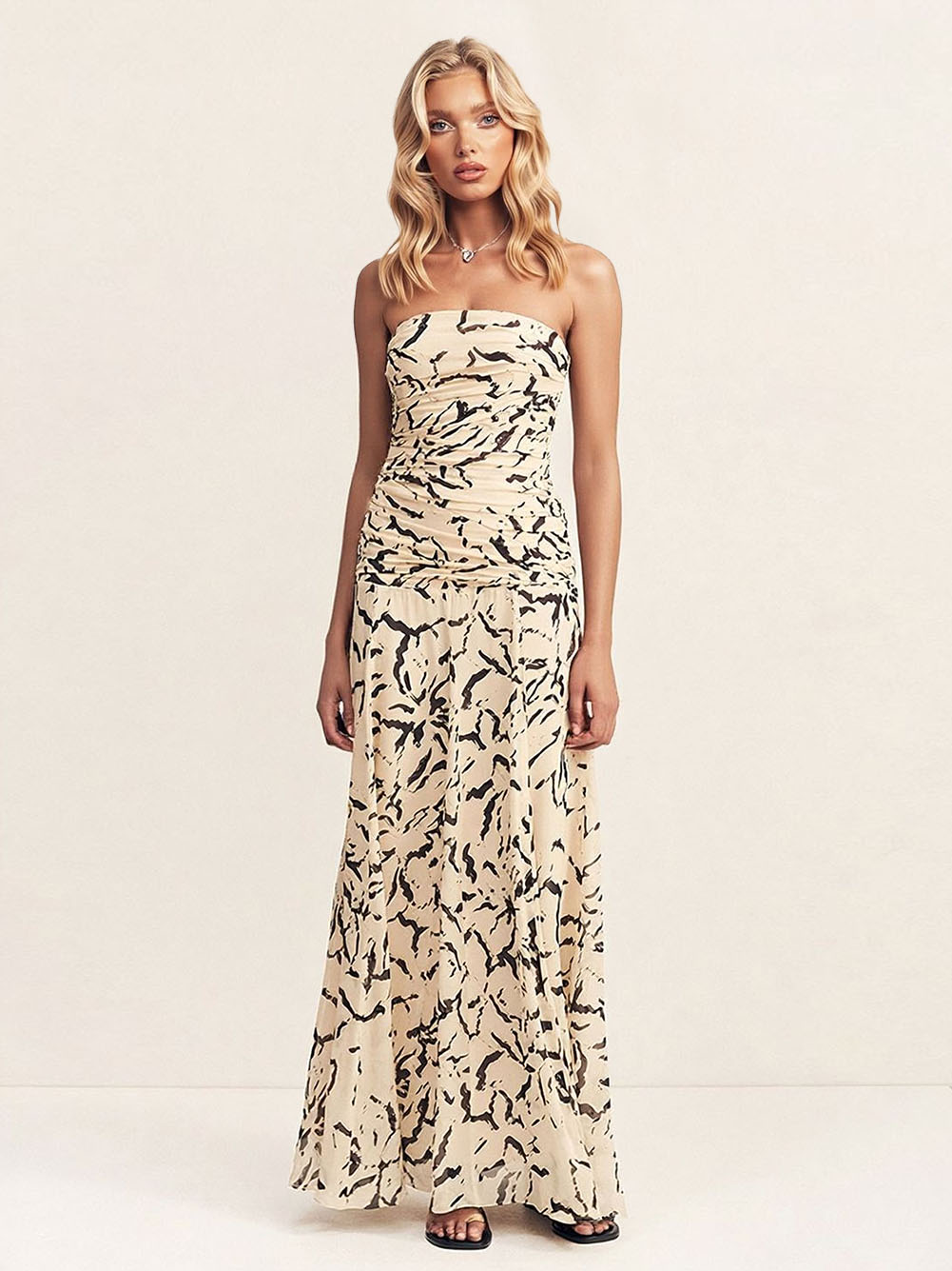 Elegant Strapless Abstract Brushstroke Print Flowy Maxi Dress
