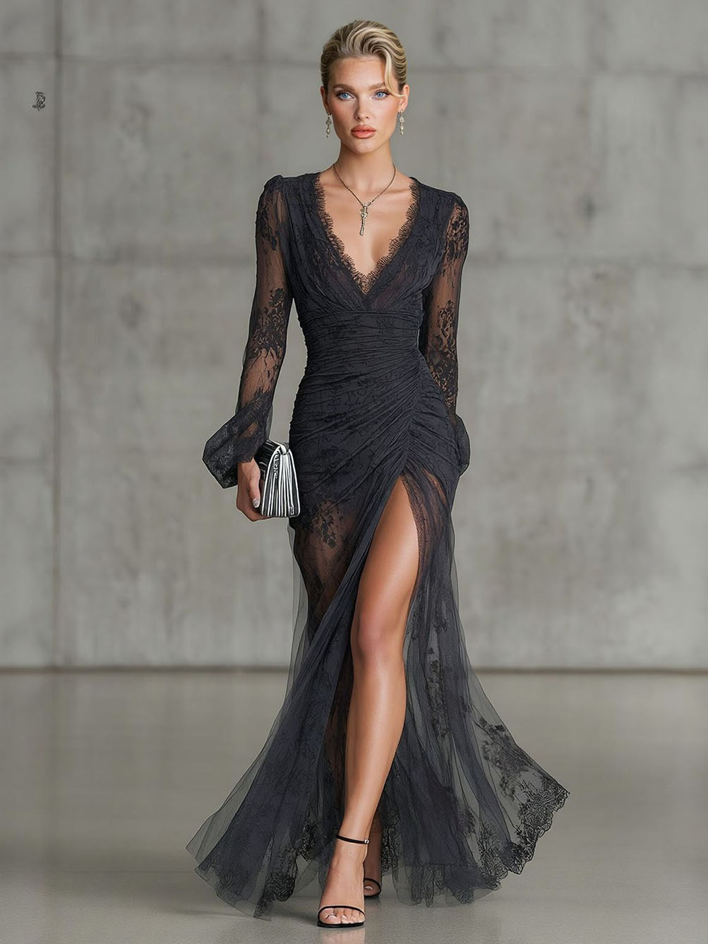 Charming Sheer Tulle Lace High Slit Maxi Dress