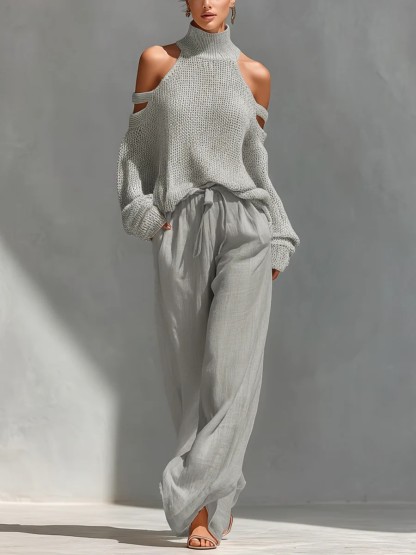 Casual Open-shoulder Knitted Top Wide-leg Pants Two-piece Set