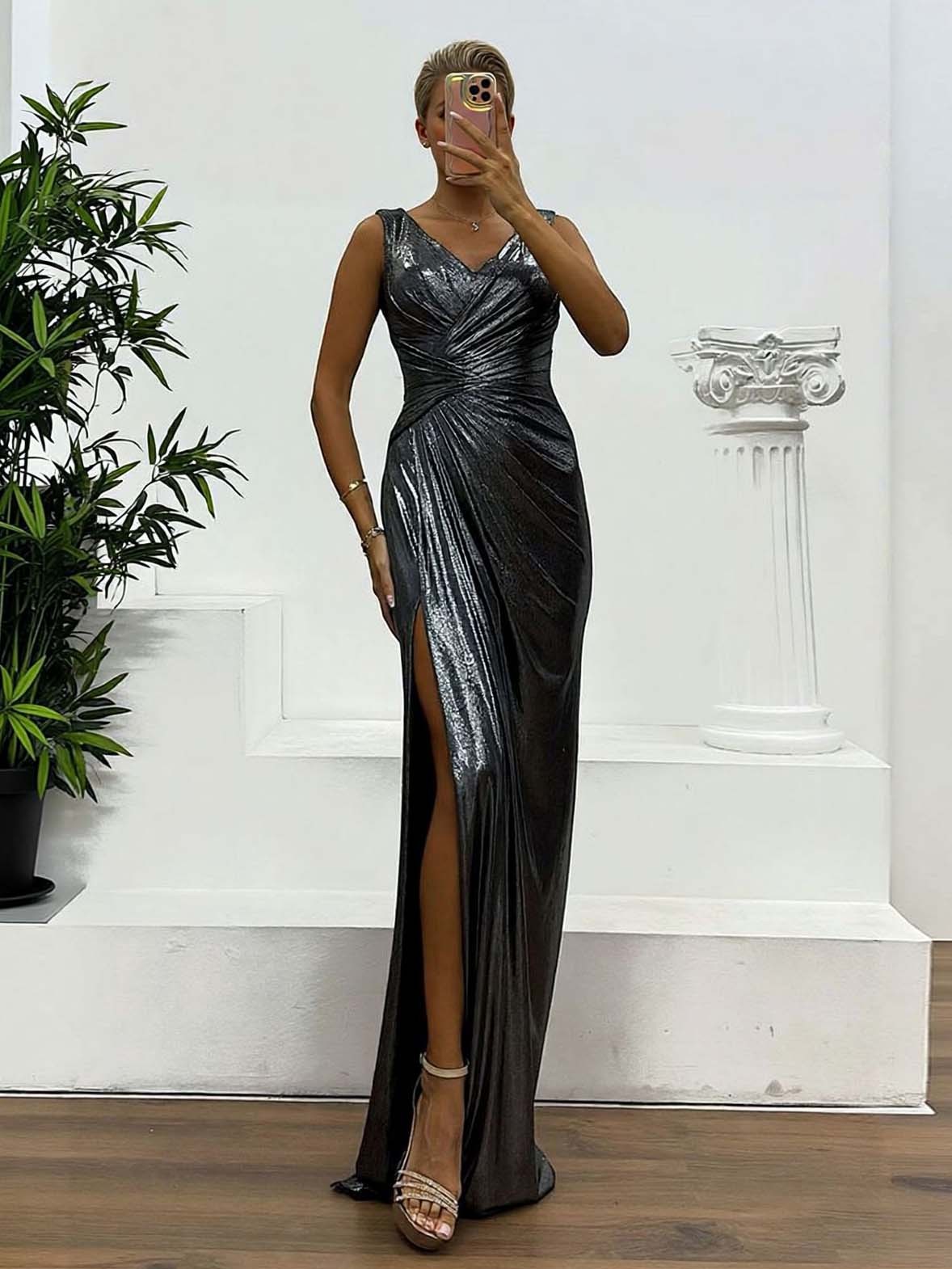 Elegant V-neck Draped Evening Gown Maxi Dress