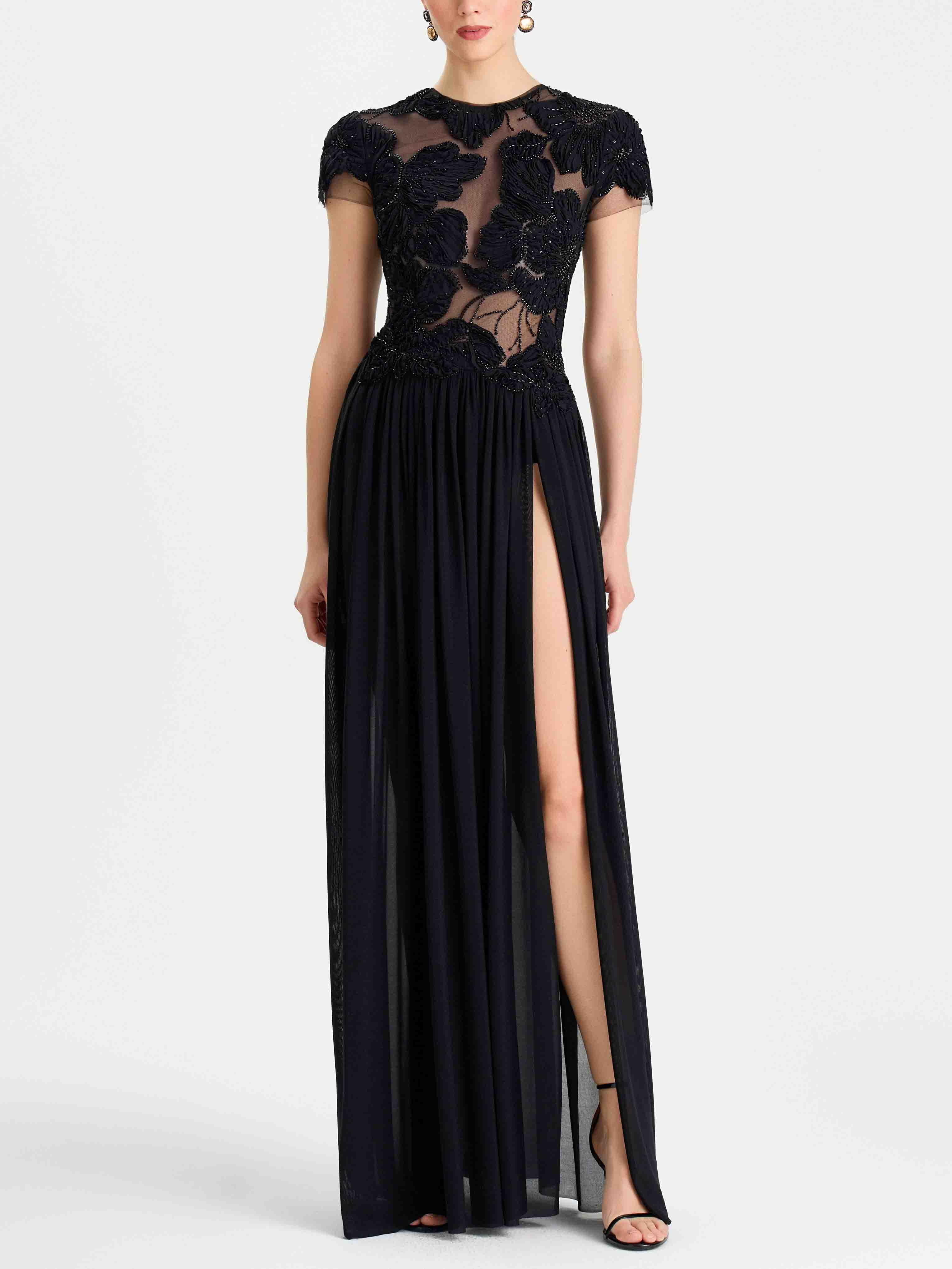 Elegant Sheer Neckline Floral Applique Evening Maxi Dress