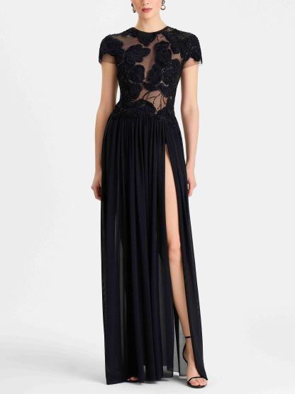 Elegant Sheer Neckline Floral Applique Evening Maxi Dress