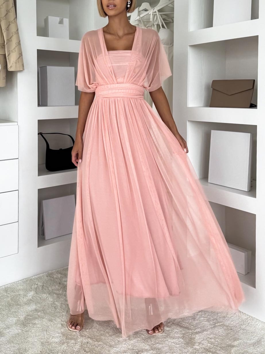 Elegant Sleeveless Mesh Ruched Convertible Maxi Dress
