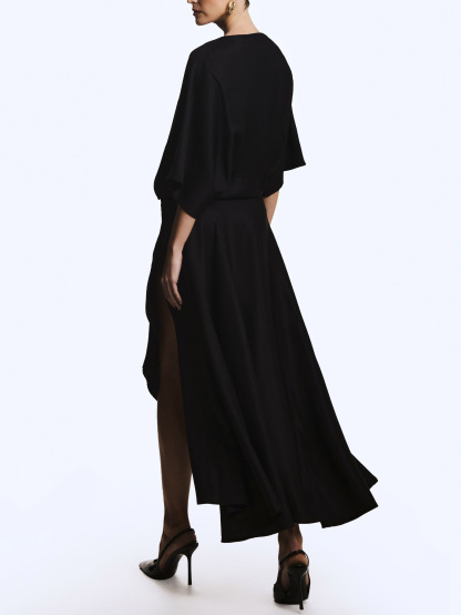 Elegant Satin Flowing Wrap Midi Dress