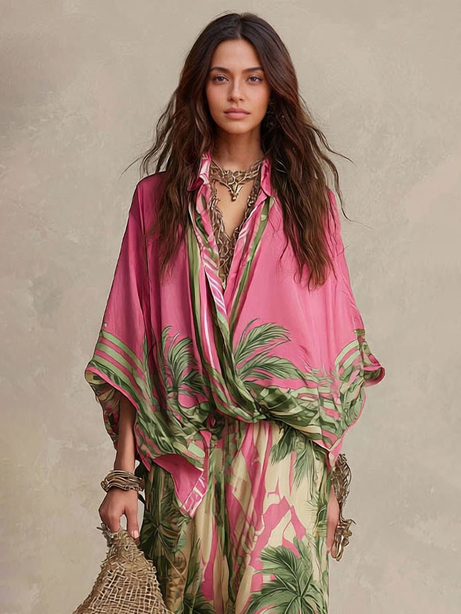 Bohemian Tropical Print High-Waist Wide-Leg Pants