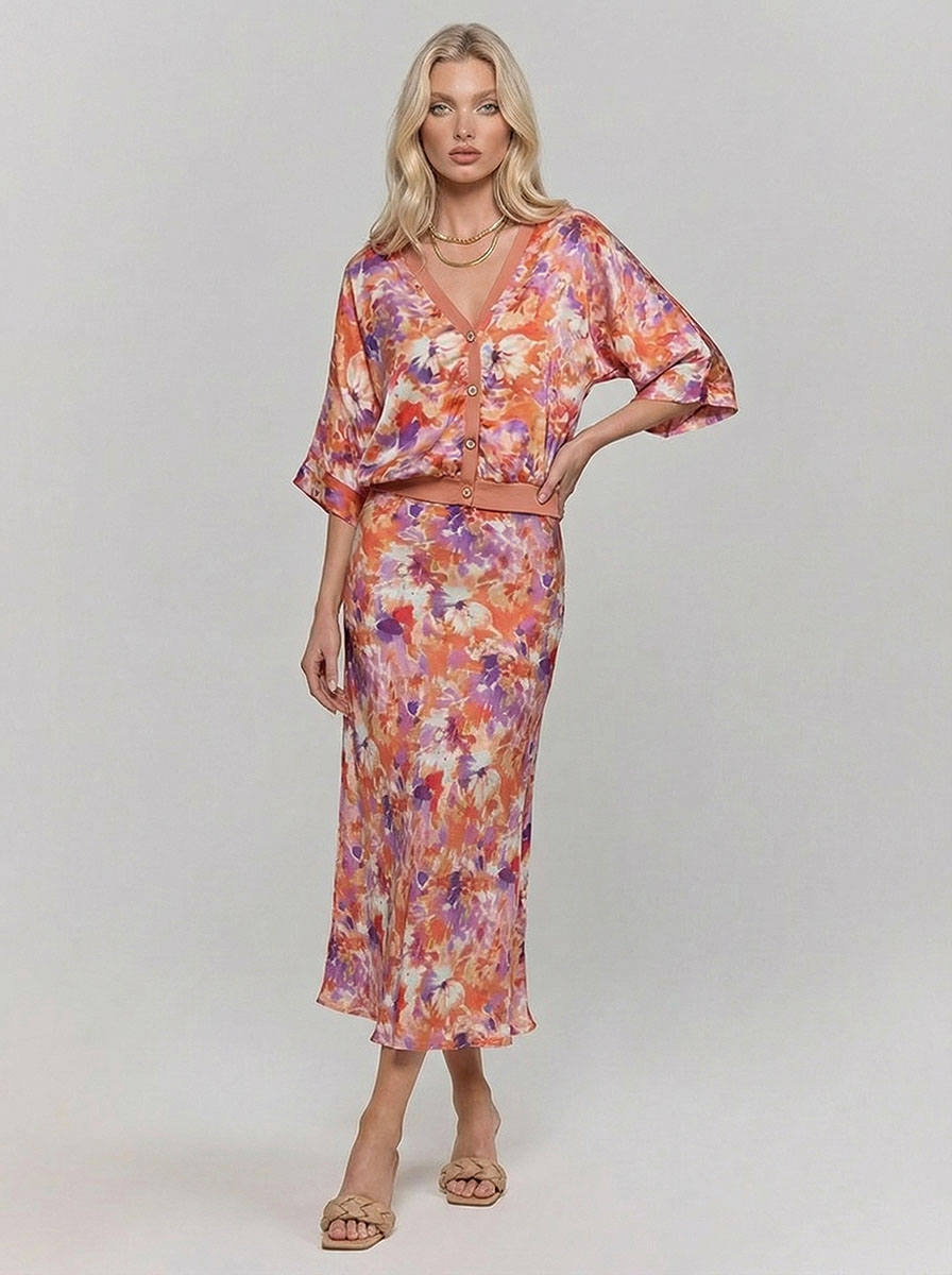 Exquisite Floral Print Satin Two-Piece Set