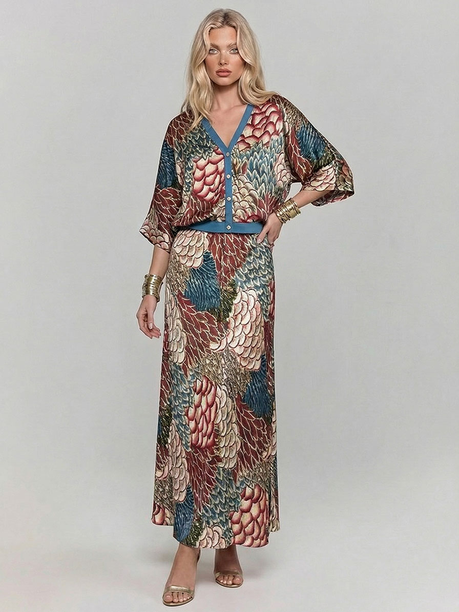 Retro Scale Print Satin Skirt Two-Piece Set