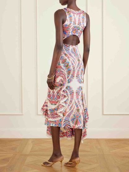 Elegant Paisley Print Cutout Back Midi Dress
