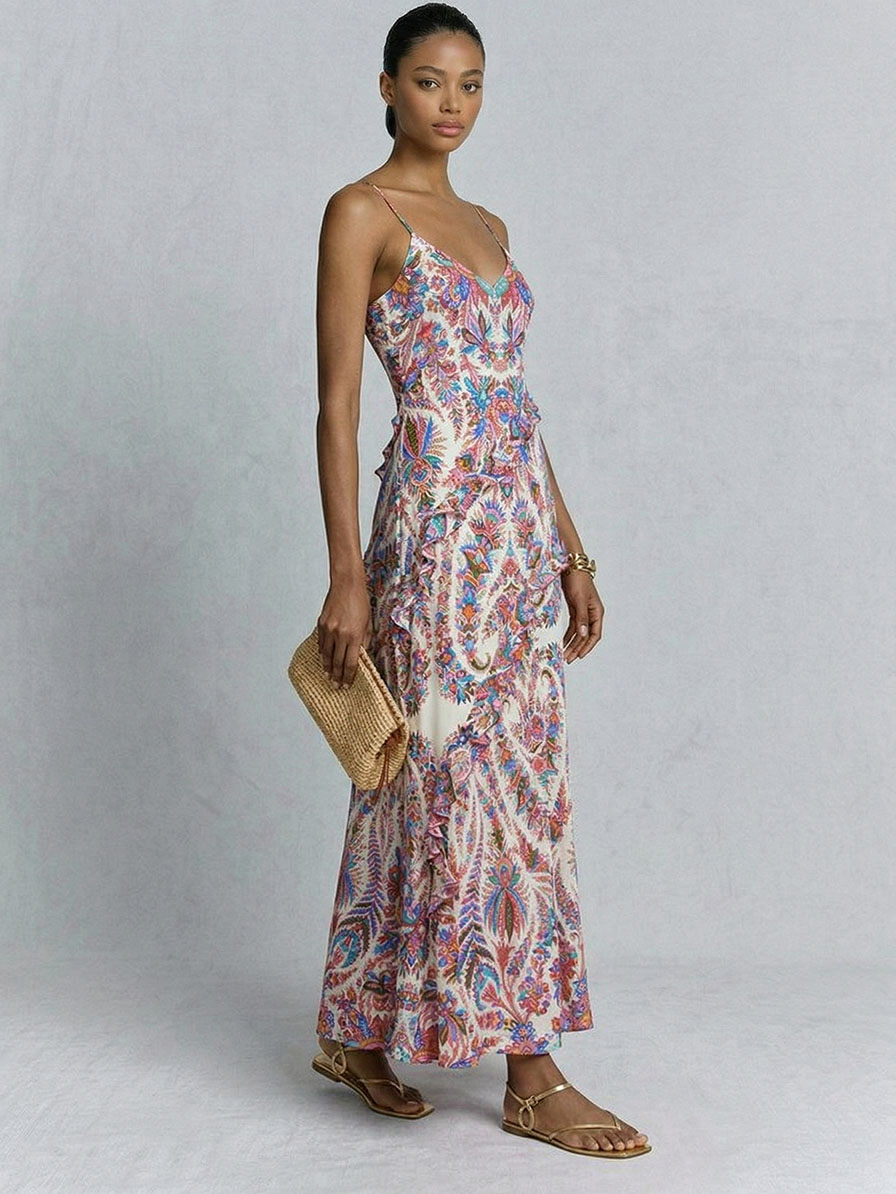 Elegant Paisley Print Ruffled Slip Maxi Dress