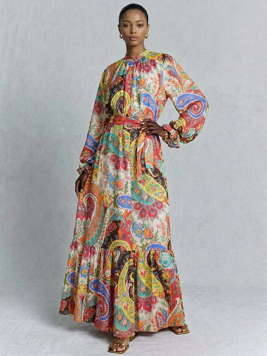 Bohemian Paisley Belted Maxi Dress