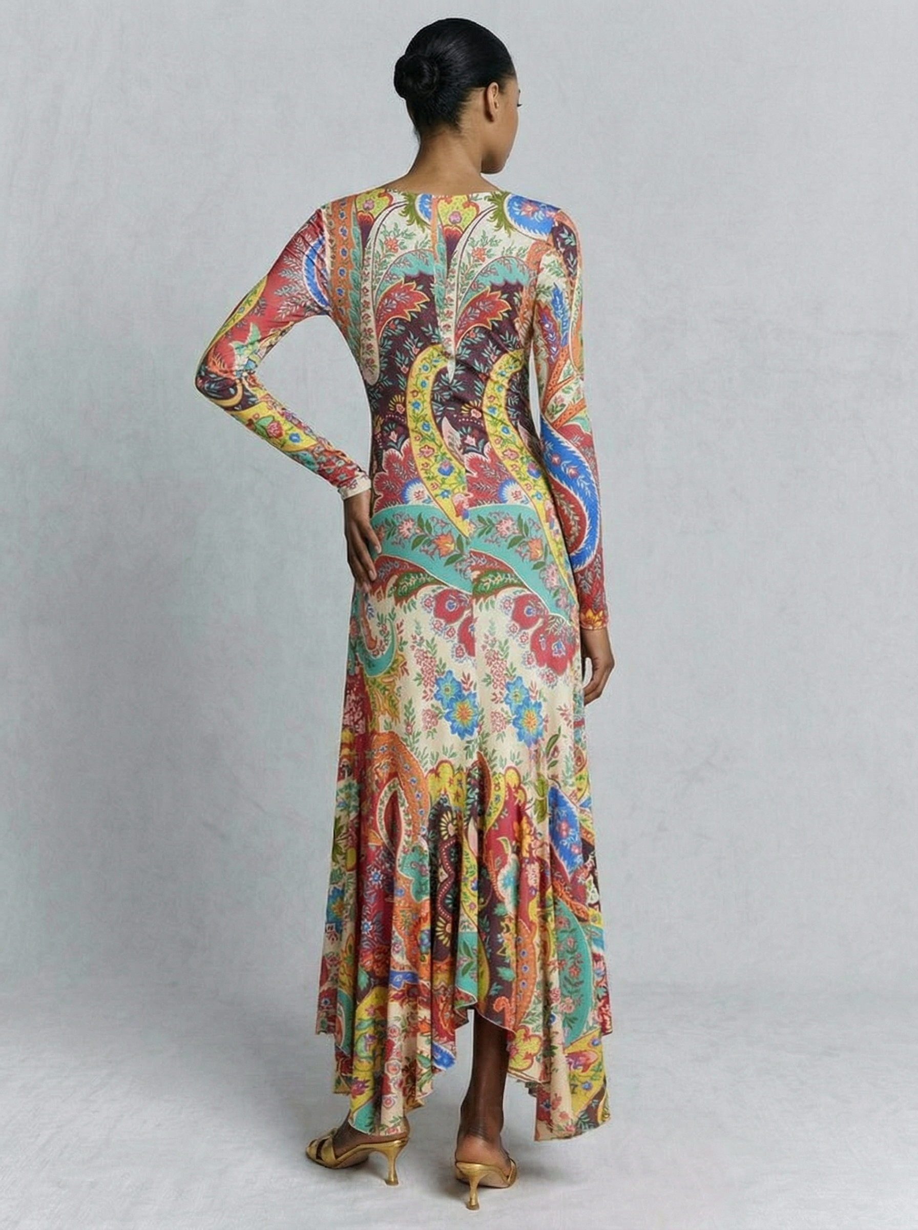 Colorful  Paisley Print V-Neck Flounce Hem Maxi Dress