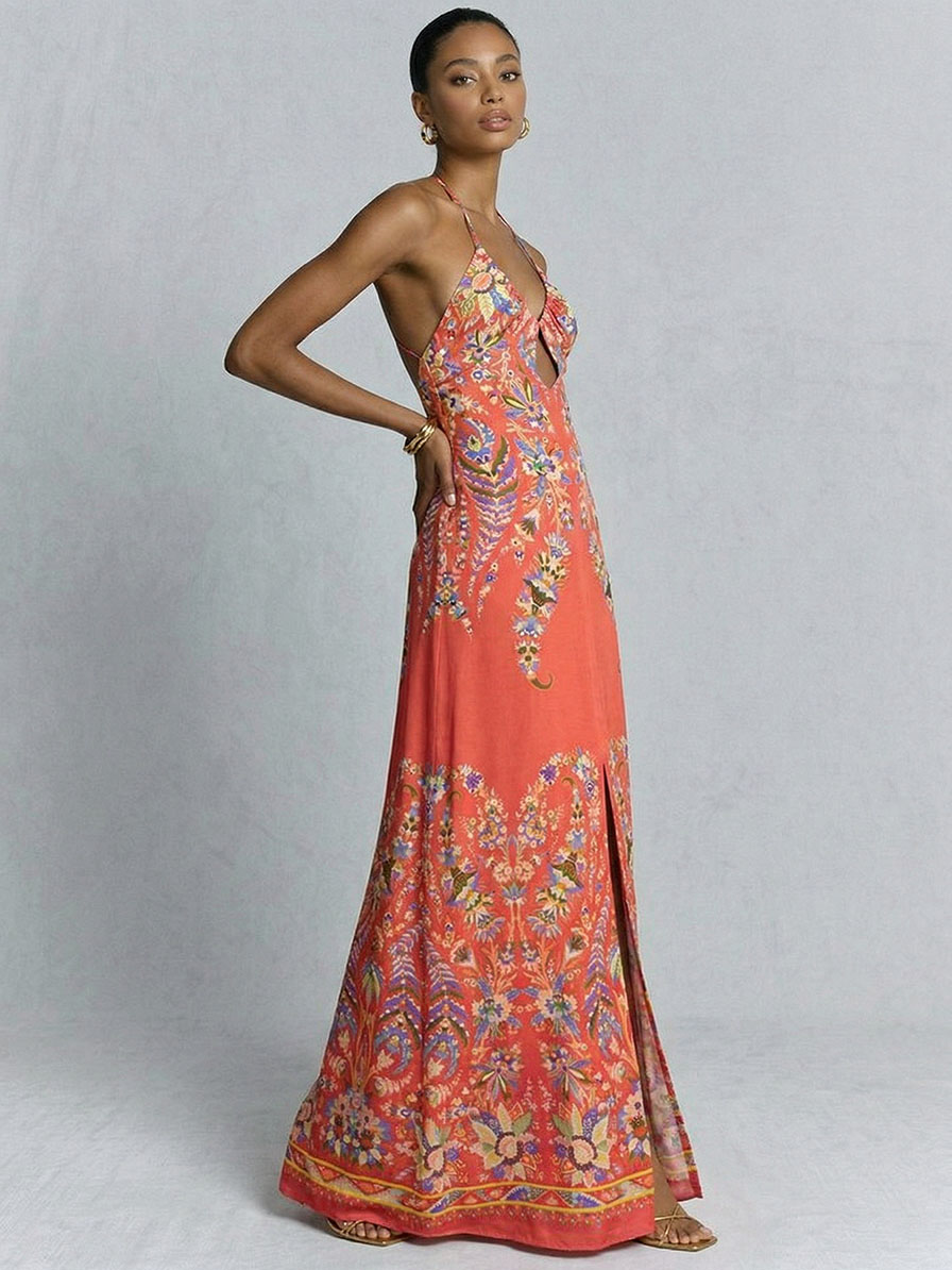 Cutout Halter Paisley Print Maxi Dress
