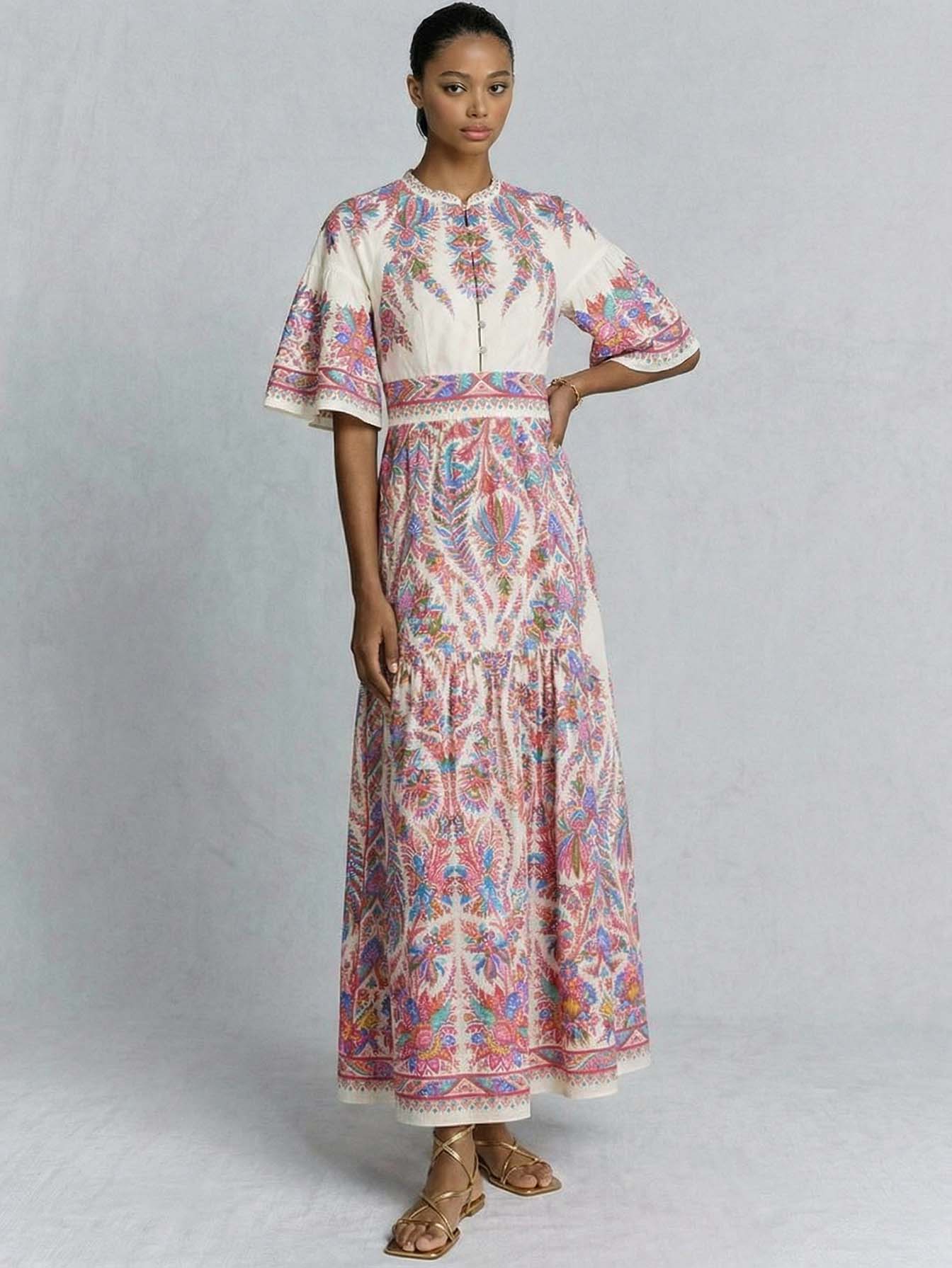 Paisley Print Stand Collar Maxi Dress