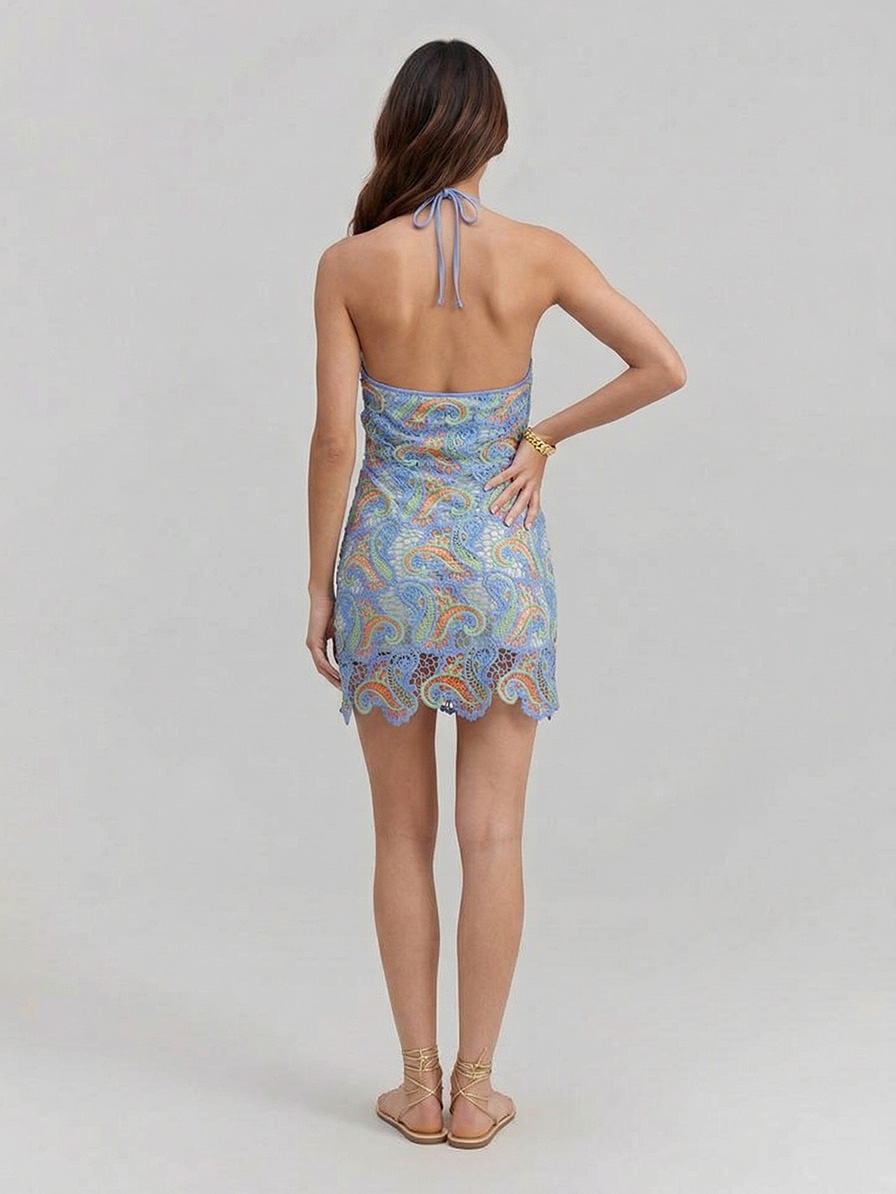 Exquisite Paisley Crocheted Halterneck Mini Dress