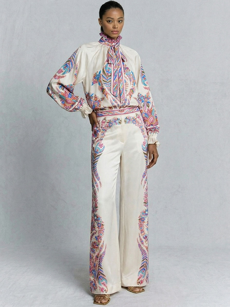 Exquisite Paisley Print Satin Wide-Leg Pants