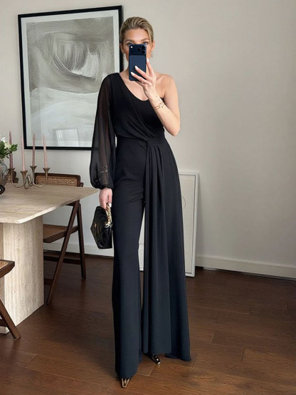 Charming One-Shoulder Sheer Sleeve Draped Jumpsuit