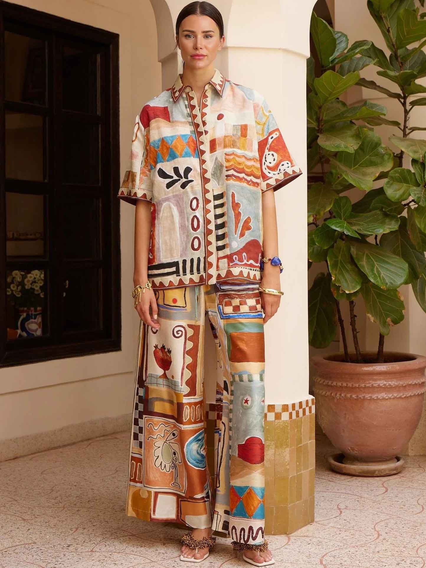 Exquisite Art Floral Print Wide-Leg Pants