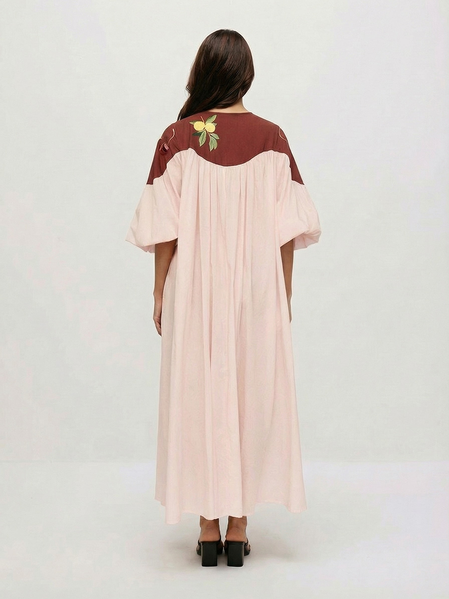 Retro Fruit Print Puff Sleeve Maxi Dress