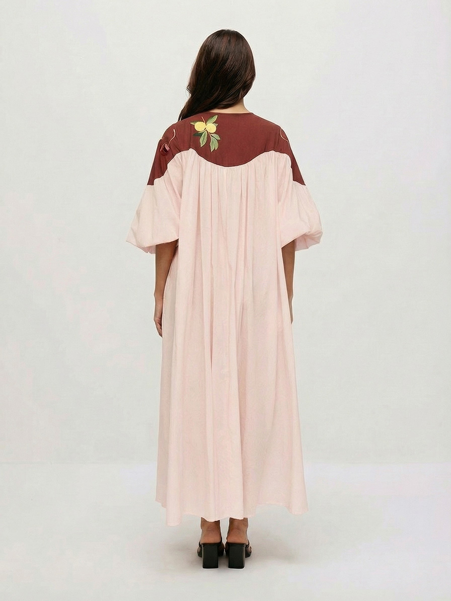 Retro Fruit Print Puff Sleeve Maxi Dress