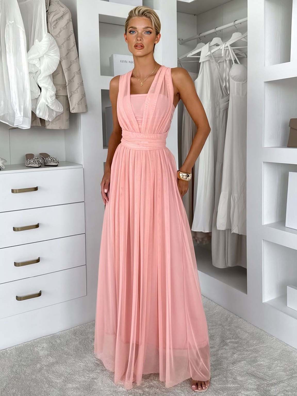 Elegant Sleeveless Mesh Ruched Convertible Maxi Dress