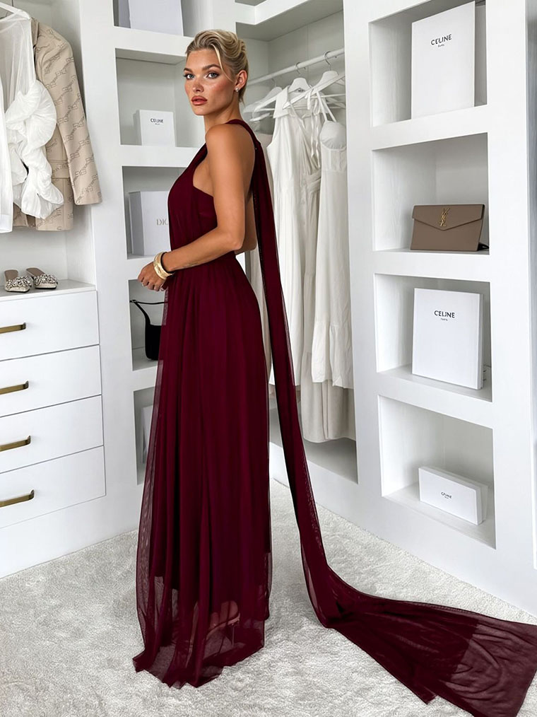 Elegant Sleeveless Mesh Ruched Convertible Maxi Dress